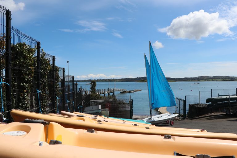 Row of small boats with 2 large large blue masts in background. Strangford lough can be seen behind the boats