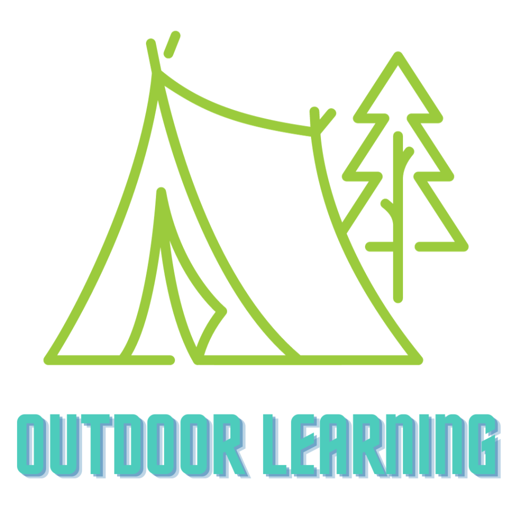 Outline of a tent with a tree with the words Outdoor Learning written underneath