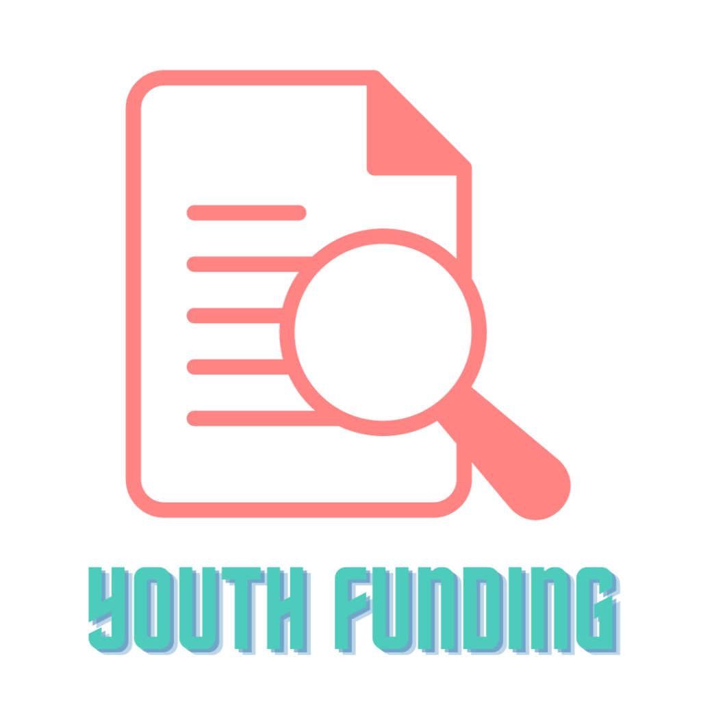 Outline of a page with a magnifying glass with the words Youth Funding written underneath