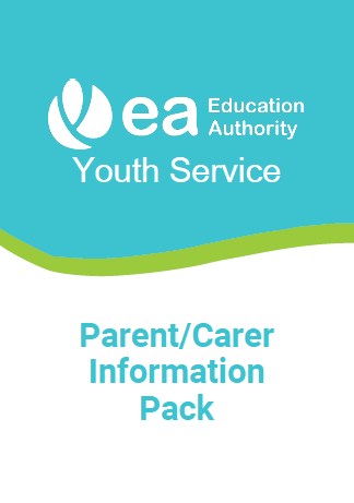 Front cover of the parent/carer information pack. The cover features the EA logo and is blue, green and white.