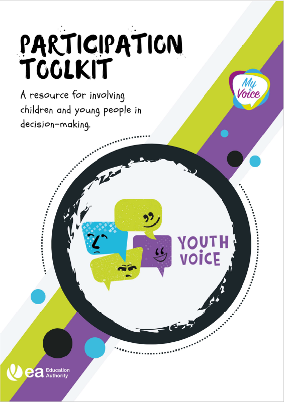 Front cover of the participation toolkit with a green and purple stripe across the front